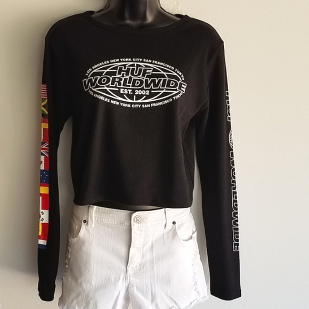 HUF World Tour Ladies Long Sleeve Crop Top Limited Edition - Picture 6 of 11